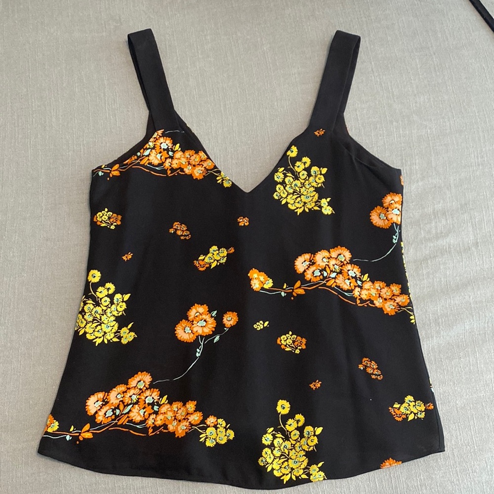 ALC black silk top with floral print